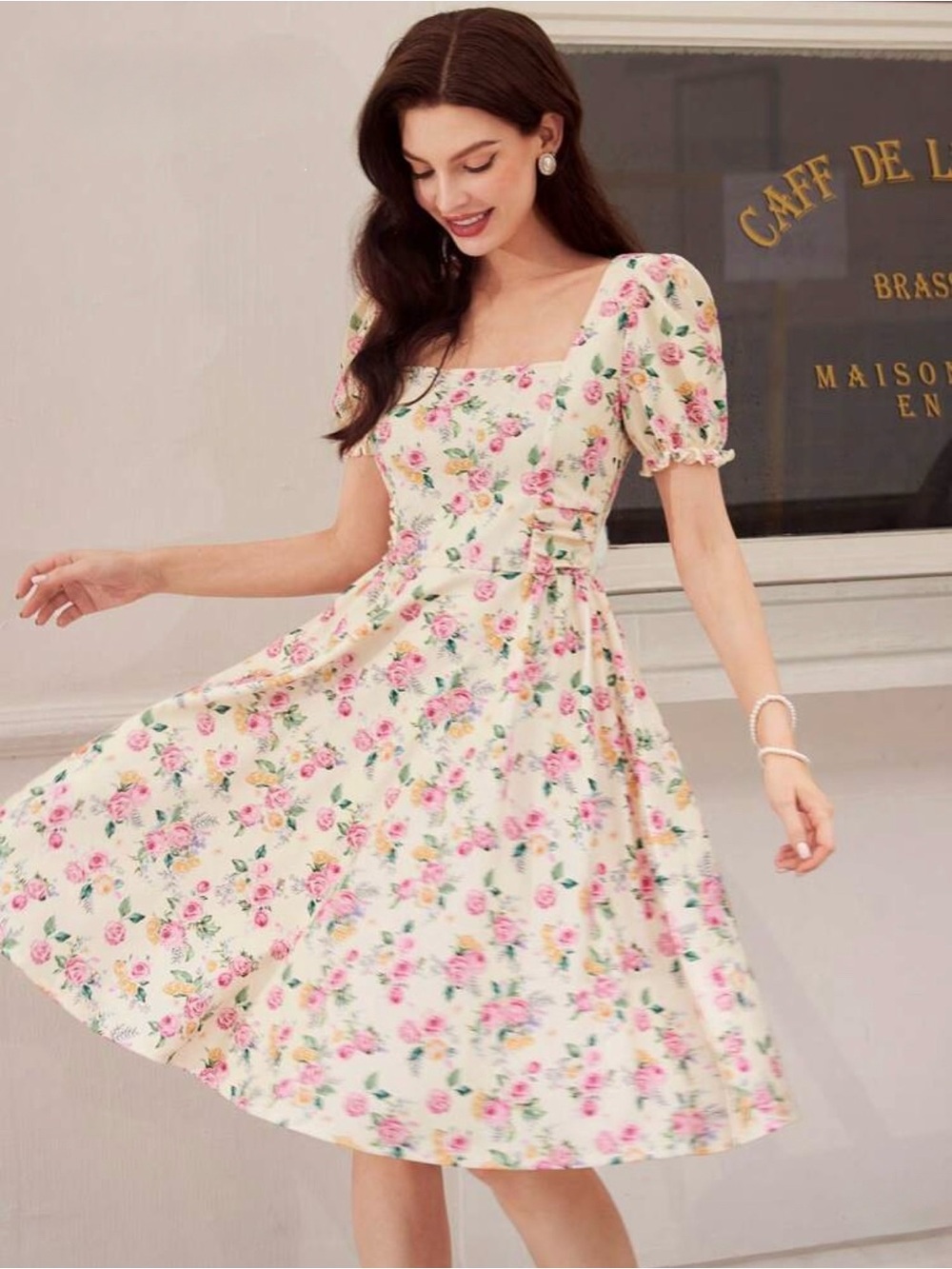 Vintamour Vintage Elegant Floral Tea Length Dress